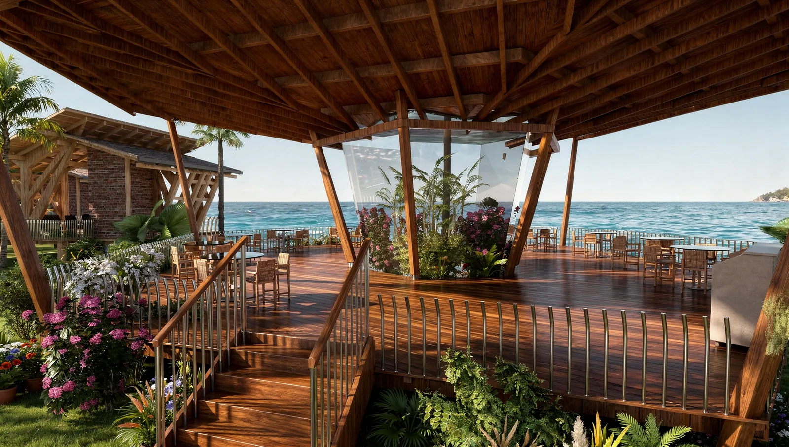 Beach Villa Design on the Perhentian Islands, Malaysia: Seaside Villas Around a Pool | Kenania Inventive Arts The clubhouse terrace with timber stairs, flowering planters and an open view of the sea