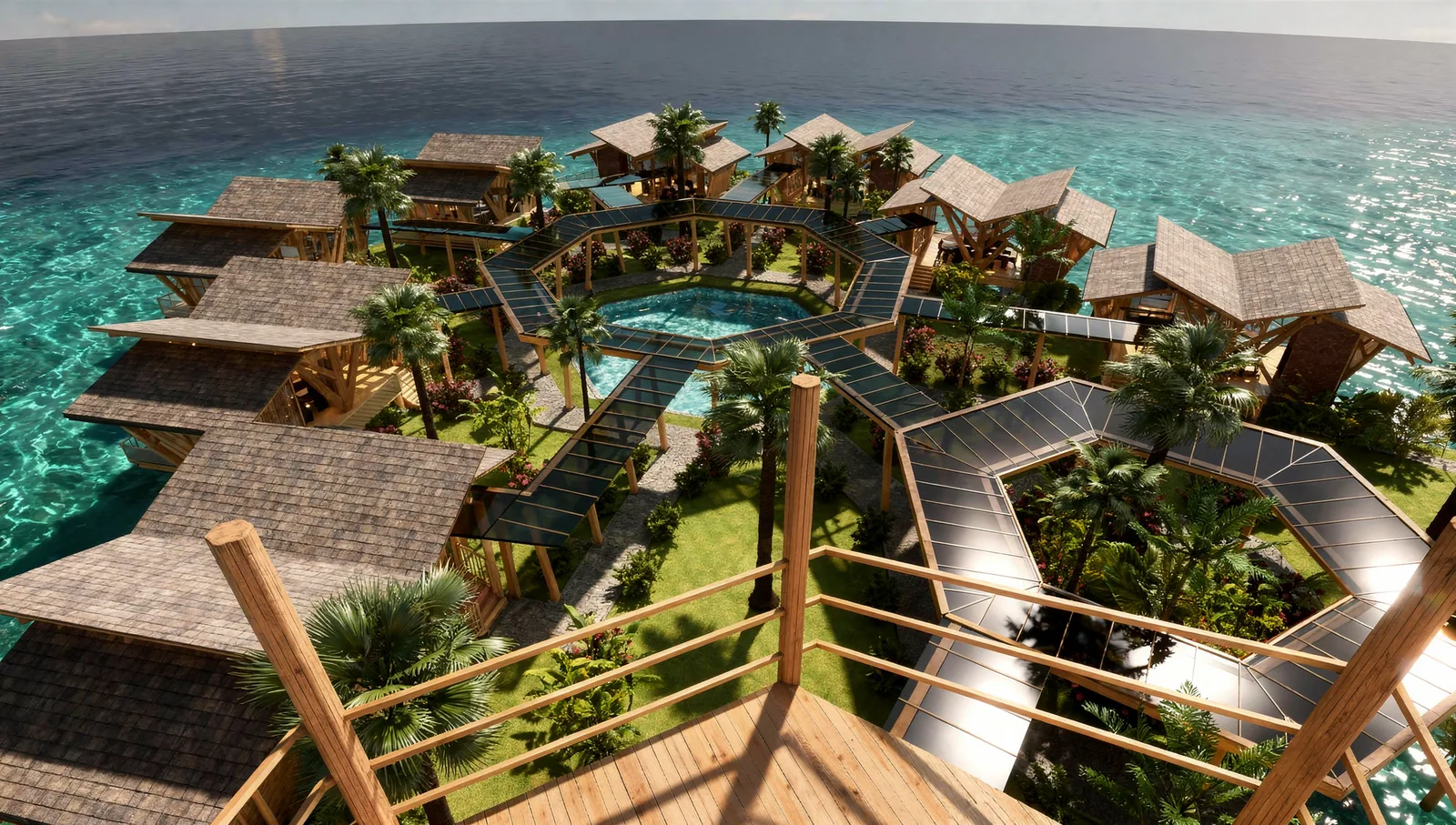 Beach Villa Design on the Perhentian Islands, Malaysia: Seaside Villas Around a Pool | Kenania Inventive Arts Glass-roofed walkways radiating from the pool to the villas, seen from a timber lookout