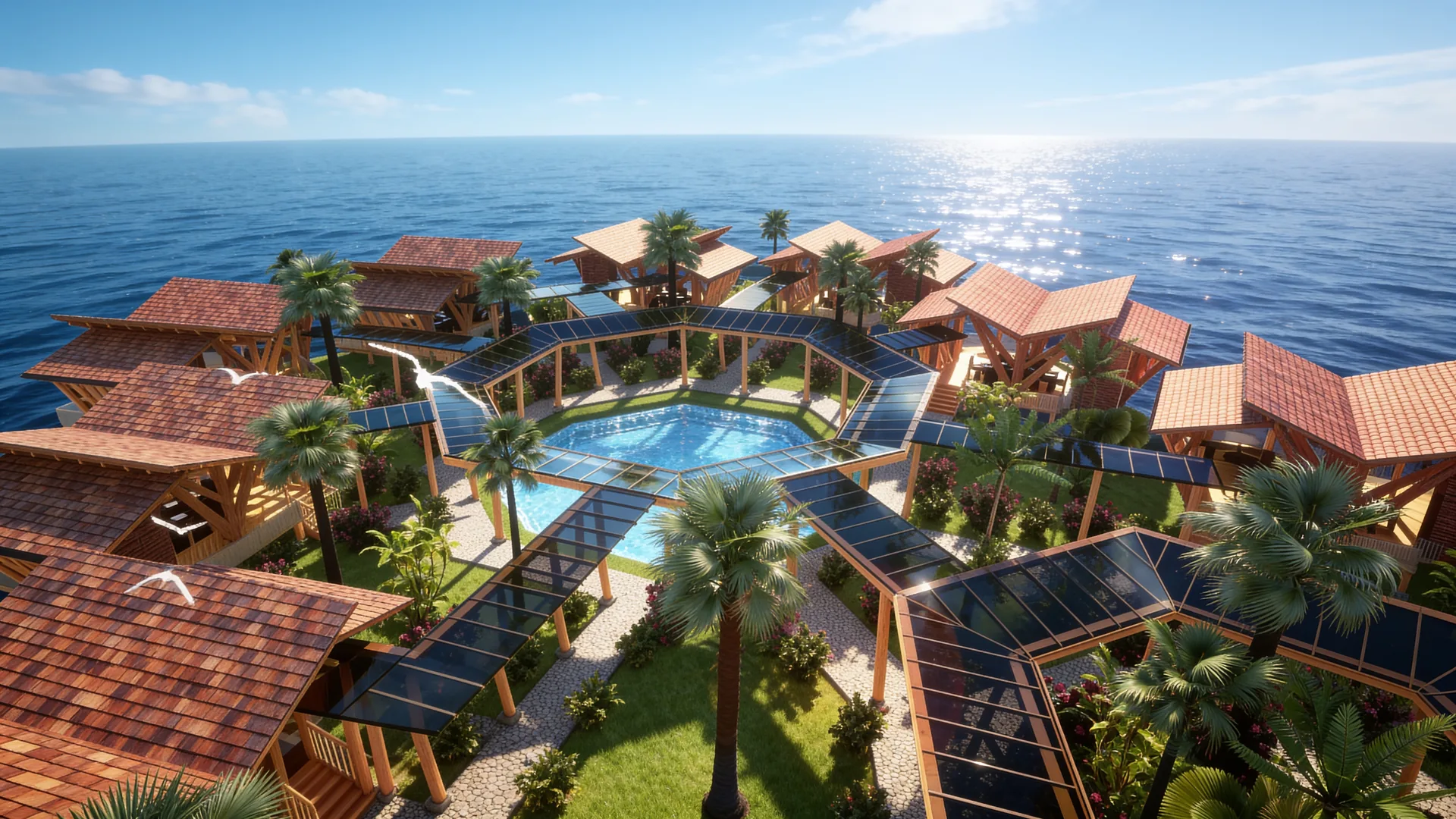 Beach Villa Design on the Perhentian Islands, Malaysia: Seaside Villas Around a Pool | Kenania Inventive Arts Beach villa design: Villas with timber and tile roofs around the octagonal pool, open to the South China Sea