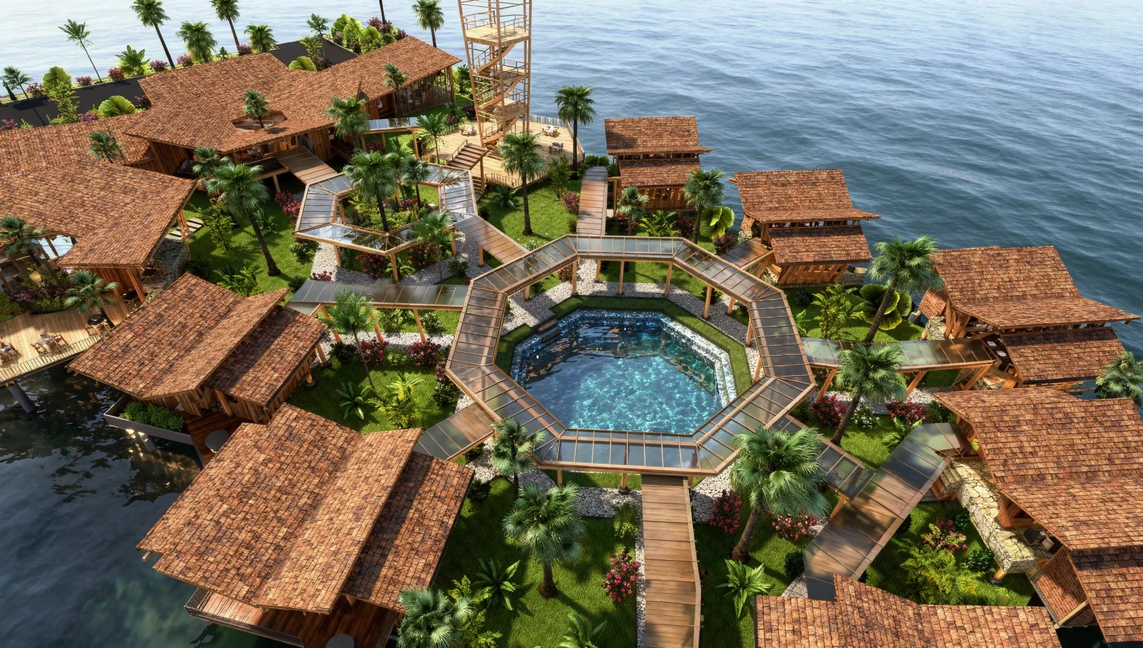 Beach Villa Design on the Perhentian Islands, Malaysia: Seaside Villas Around a Pool | Kenania Inventive Arts The octagonal pool at the centre of the cluster, ringed by a covered walkway that links every villa