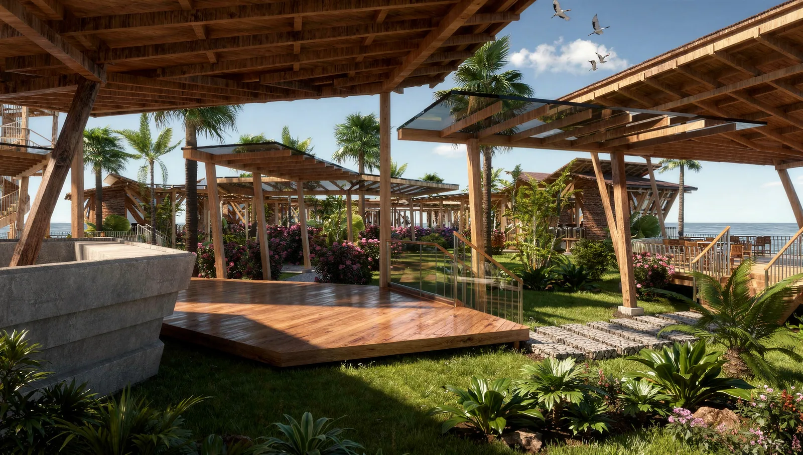 Beach Villa Design on the Perhentian Islands, Malaysia: Seaside Villas Around a Pool | Kenania Inventive Arts Timber pergolas and decks in the gardens between the villas, with the sea beyond