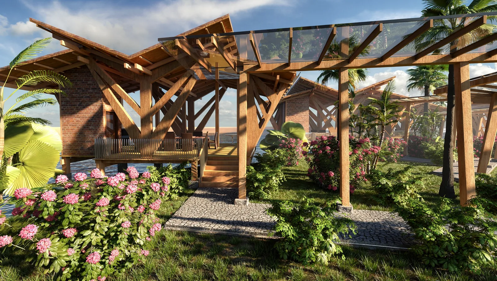 Beach Villa Design on the Perhentian Islands, Malaysia: Seaside Villas Around a Pool | Kenania Inventive Arts A villa’s raking timber structure and glass-roofed walkway among flowering gardens