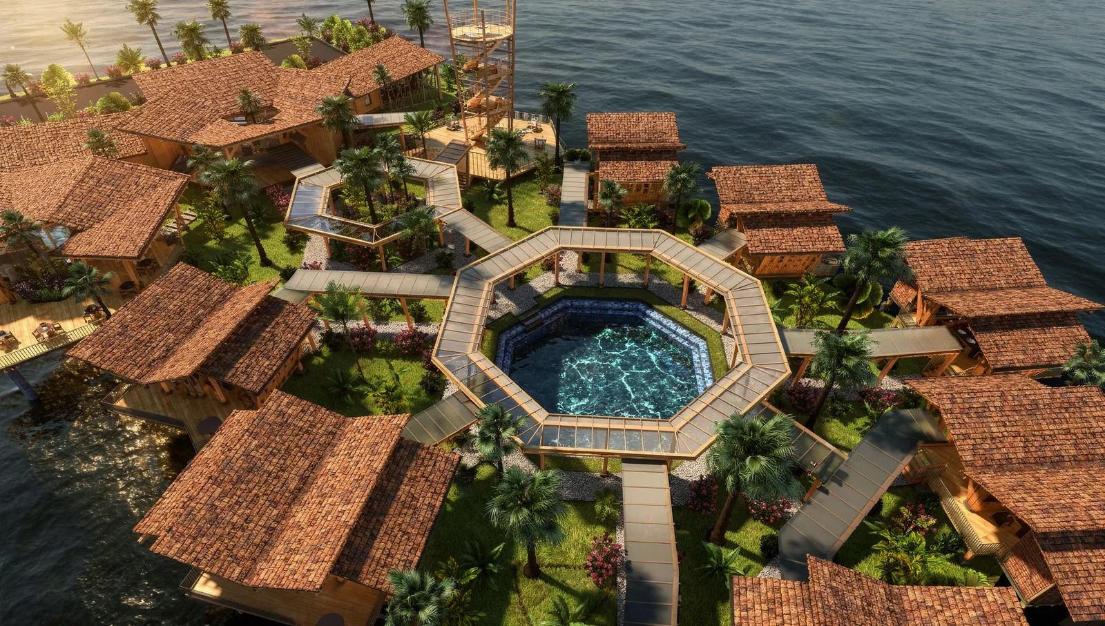 Beach Villa Design on the Perhentian Islands, Malaysia: Seaside Villas Around a Pool | Kenania Inventive Arts Villas with tiled hip roofs set in tropical gardens around the pool, with the sea on three sides
