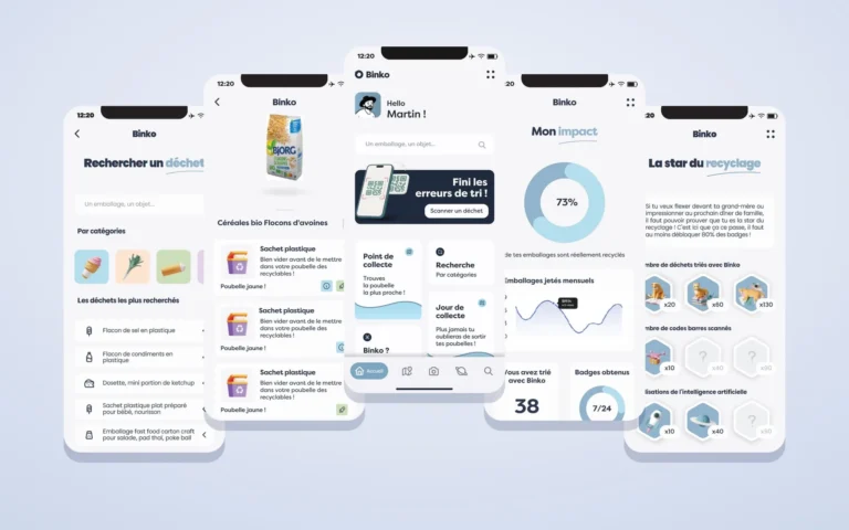 Binko waste sorting app design: search, product page, home, impact and badges screens
