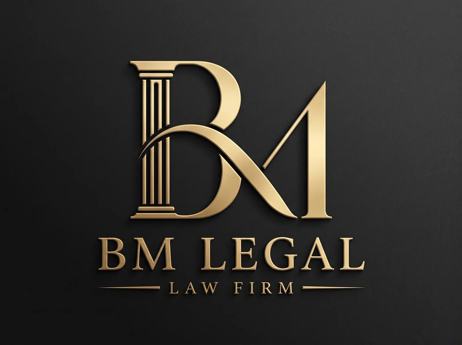 BM Legal: Law Firm Brand Identity Design, Logo and Stationery | Kenania Inventive Arts Render: the BM Legal logo in brushed gold on black