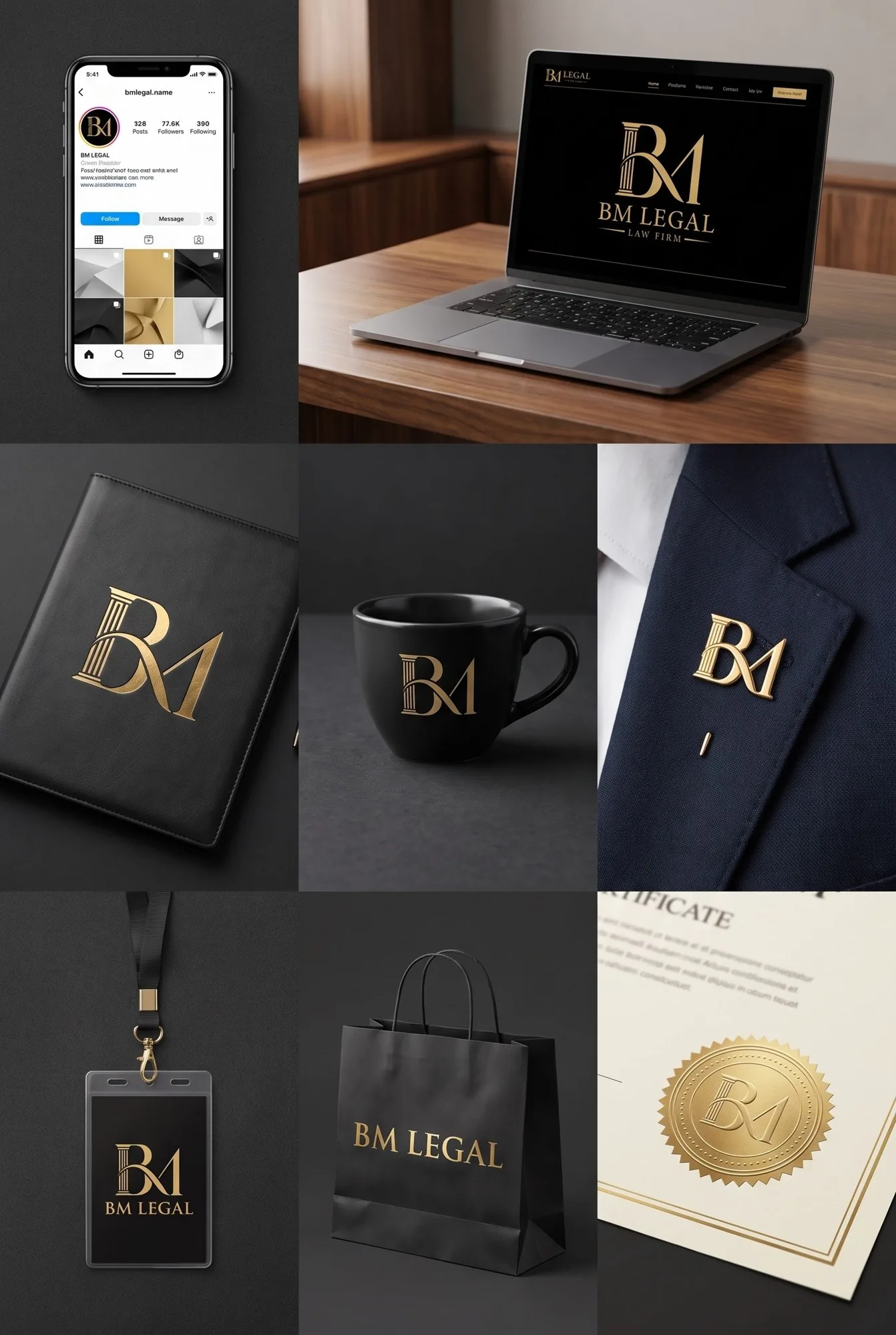 BM Legal: Law Firm Brand Identity Design, Logo and Stationery | Kenania Inventive Arts Render: BM Legal brand applications on phone, laptop, portfolio, cup, pin and bag