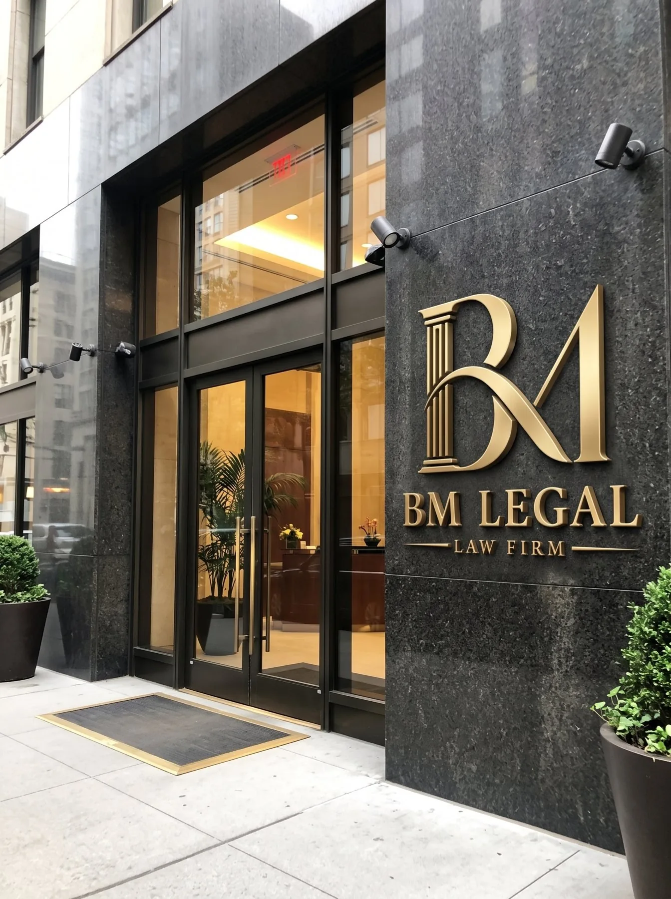 BM Legal: Law Firm Brand Identity Design, Logo and Stationery | Kenania Inventive Arts Render: BM Legal sign in gold on a granite building entrance