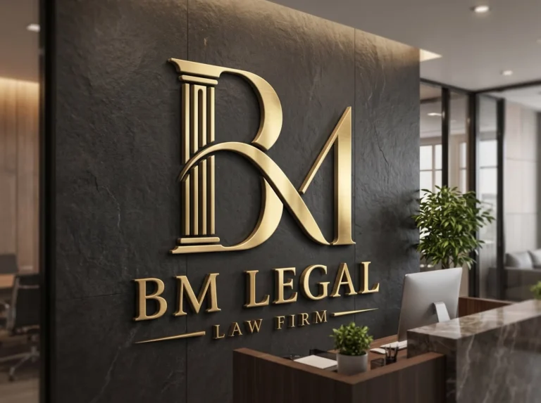 BM Legal law firm logo as 3D gold letters on a dark stone wall