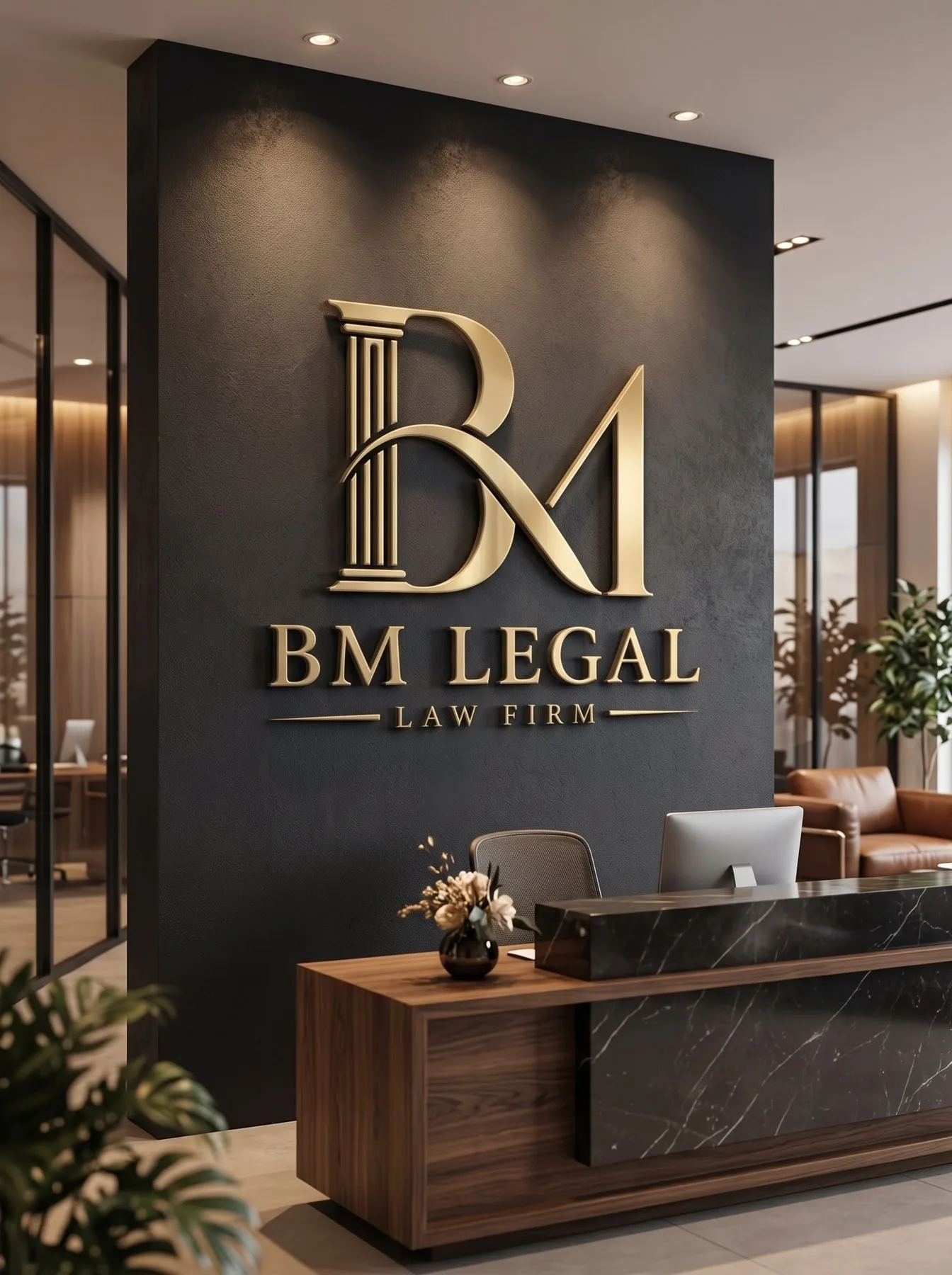 BM Legal: Law Firm Brand Identity Design, Logo and Stationery | Kenania Inventive Arts Render: a black feature wall with the BM Legal logo behind the reception desk