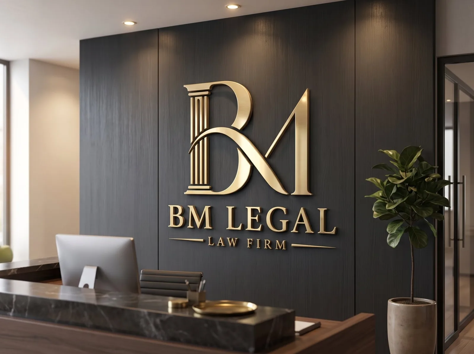 BM Legal: Law Firm Brand Identity Design, Logo and Stationery | Kenania Inventive Arts Render: BM Legal logo on the reception wall of a law office