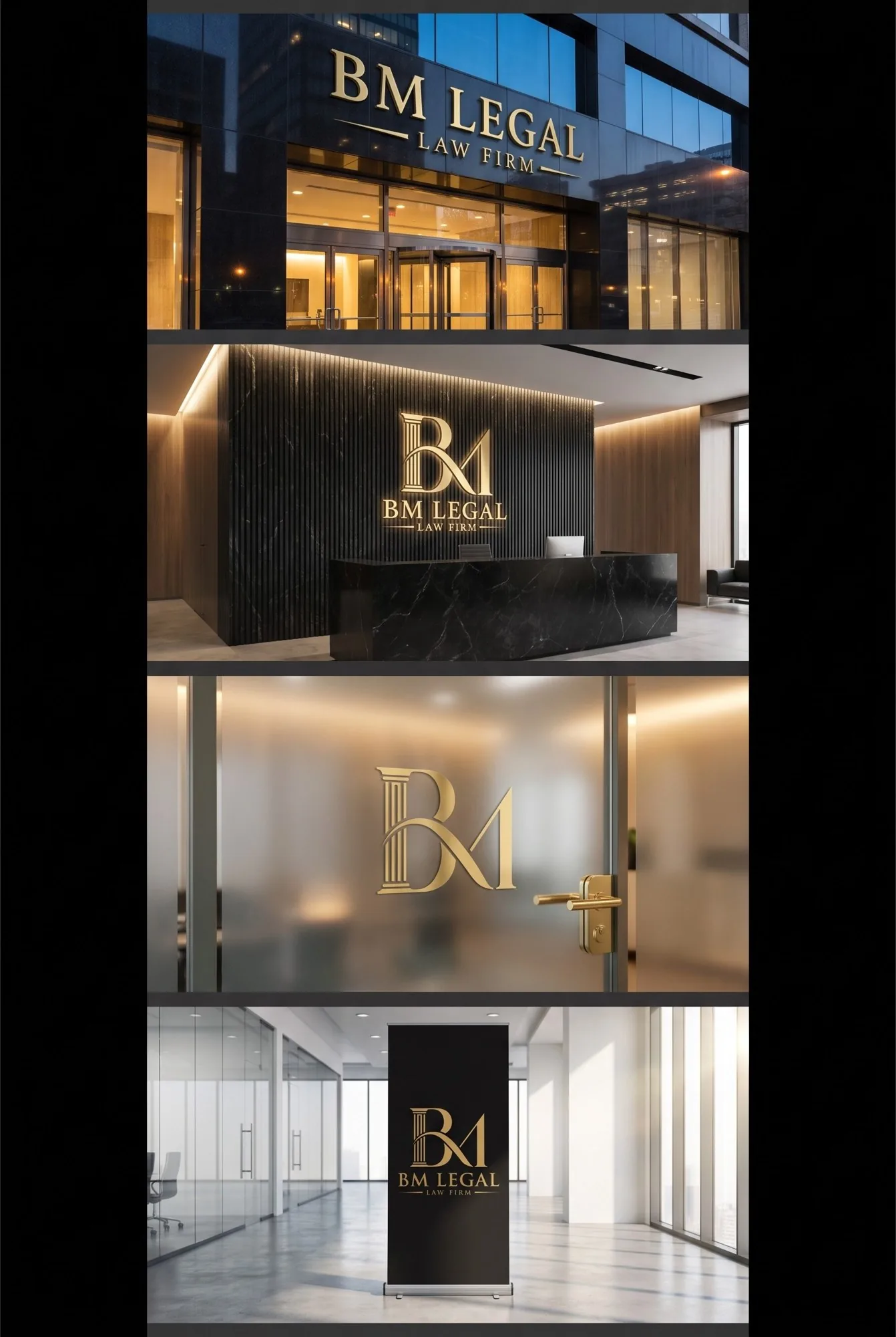BM Legal: Law Firm Brand Identity Design, Logo and Stationery | Kenania Inventive Arts Render: BM Legal signage board, from the facade to the glass door and roll-up