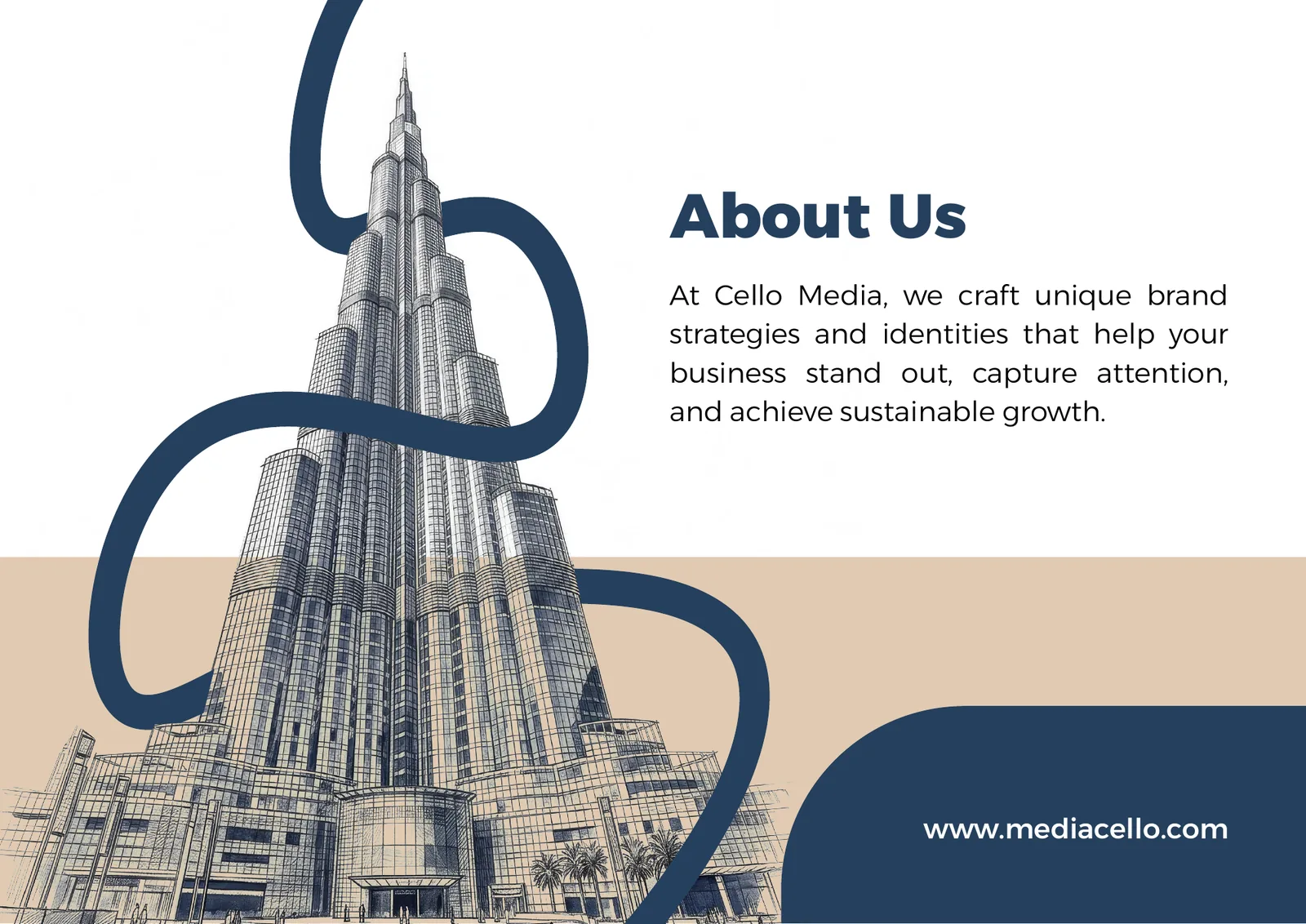 Company profile design: Cello Media company profile: the About Us page with the navy ribbon around the Burj Khalifa
