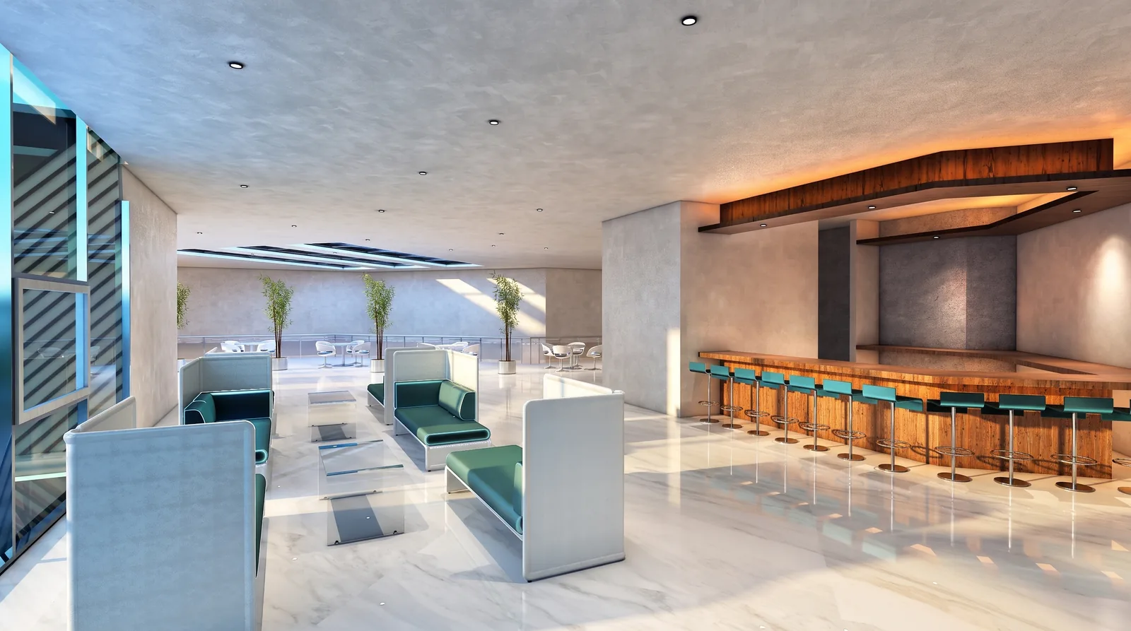 Clubhouse Design in Malaysia: Faceted Glass Pavilions Around a Garden Plaza | Kenania Inventive Arts Clubhouse bar with a timber canopy, teal stools and booth seating