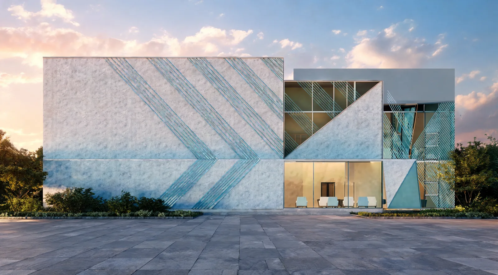 Clubhouse Design in Malaysia: Faceted Glass Pavilions Around a Garden Plaza | Kenania Inventive Arts Stone wing with a blue chevron pattern and full-height glazing at its corner