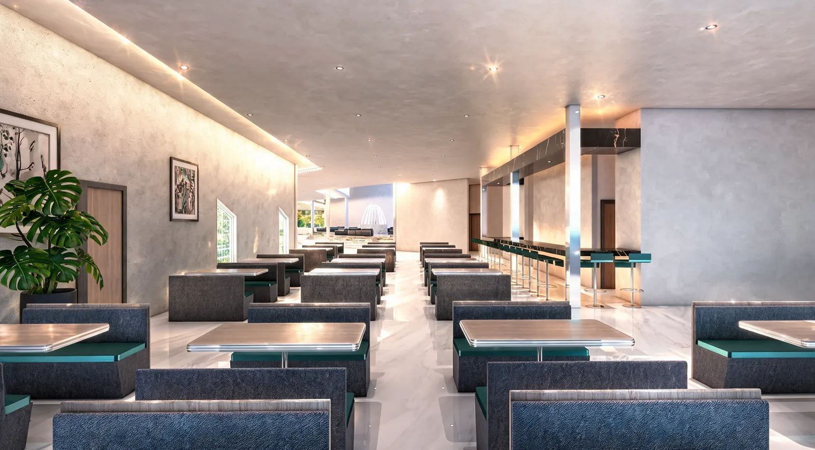 Clubhouse Design in Malaysia: Faceted Glass Pavilions Around a Garden Plaza | Kenania Inventive Arts Dining hall with rows of booths in grey and teal under a coffered ceiling