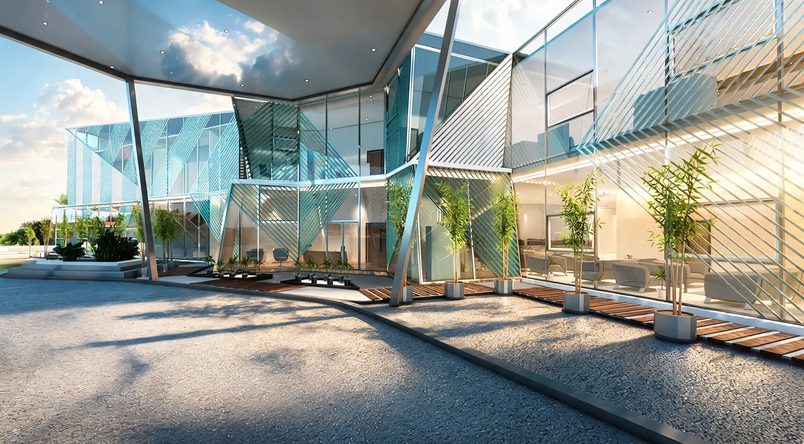 Clubhouse Design in Malaysia: Faceted Glass Pavilions Around a Garden Plaza | Kenania Inventive Arts Entrance canopy on raking columns over a stone forecourt with planters