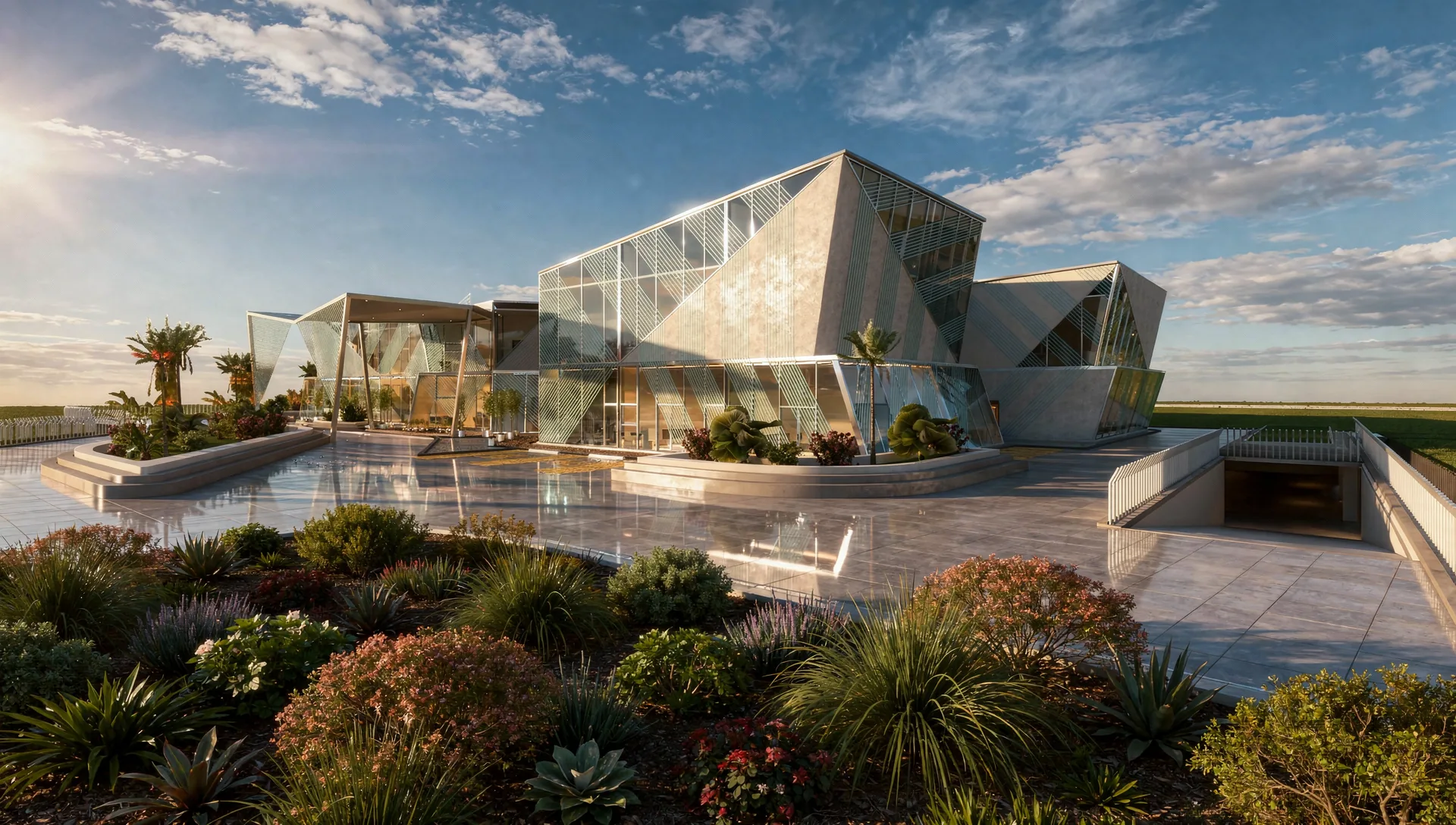 Clubhouse Design in Malaysia: Faceted Glass Pavilions Around a Garden Plaza | Kenania Inventive Arts Clubhouse design in Malaysia: faceted glass and stone pavilions behind a planted garden, with a reflecting plaza and a ramp to the car park