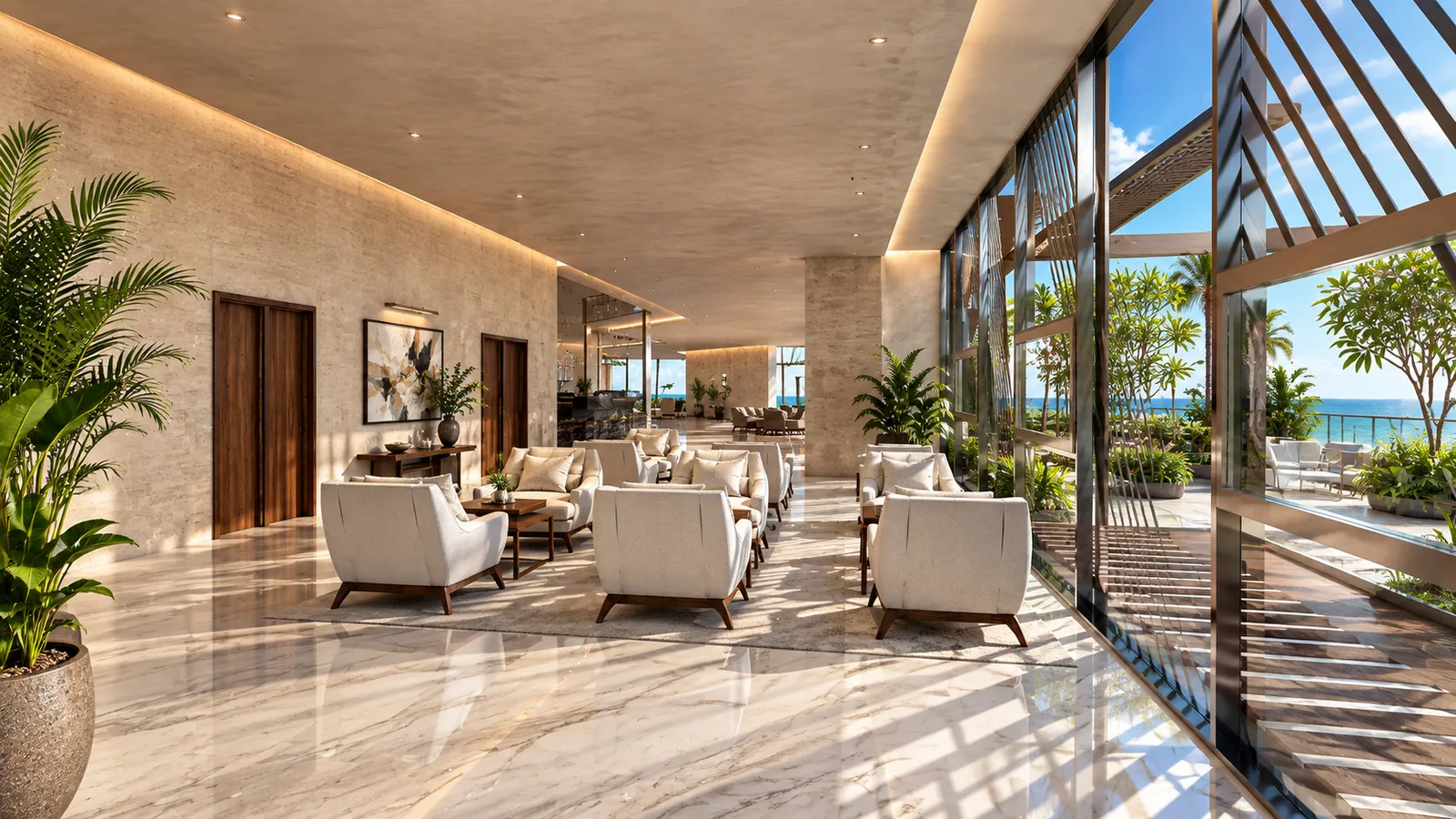 Clubhouse Design in Malaysia: Faceted Glass Pavilions Around a Garden Plaza | Kenania Inventive Arts Garden lounge with white armchairs along the glass wall and views to the terrace