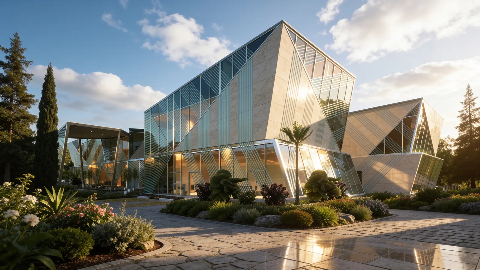 Clubhouse Design in Malaysia: Faceted Glass Pavilions Around a Garden Plaza | Kenania Inventive Arts The main glass peak rising over a planted forecourt at sunset