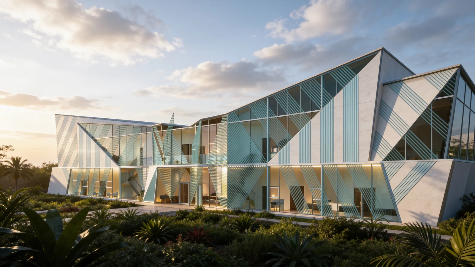 Clubhouse Design in Malaysia: Faceted Glass Pavilions Around a Garden Plaza | Kenania Inventive Arts The long garden facade: glass and pale panels folded into a row of sharp peaks