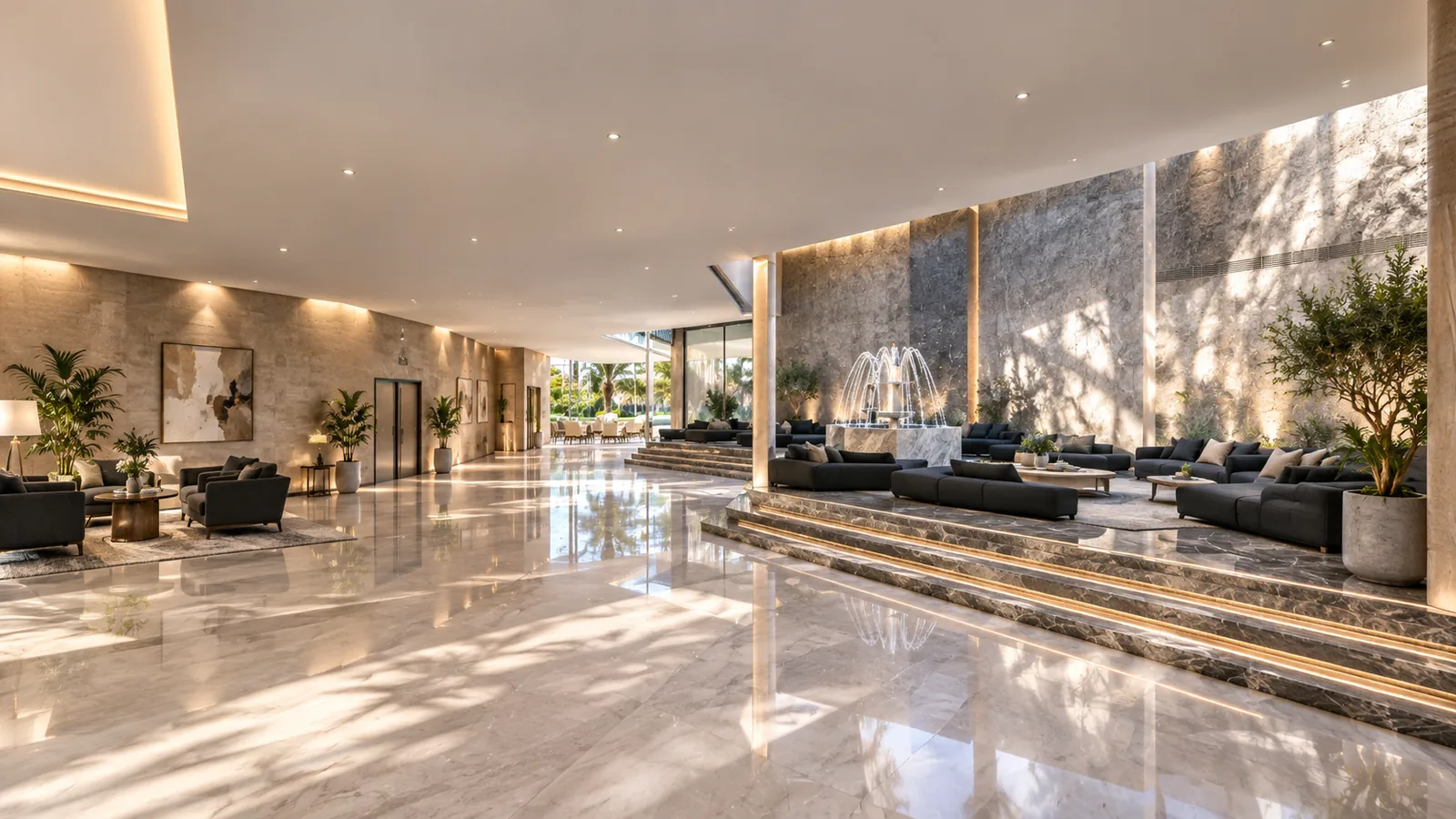 Clubhouse Design in Malaysia: Faceted Glass Pavilions Around a Garden Plaza | Kenania Inventive Arts Main lounge with a stone feature wall, sunken seating and marble floor