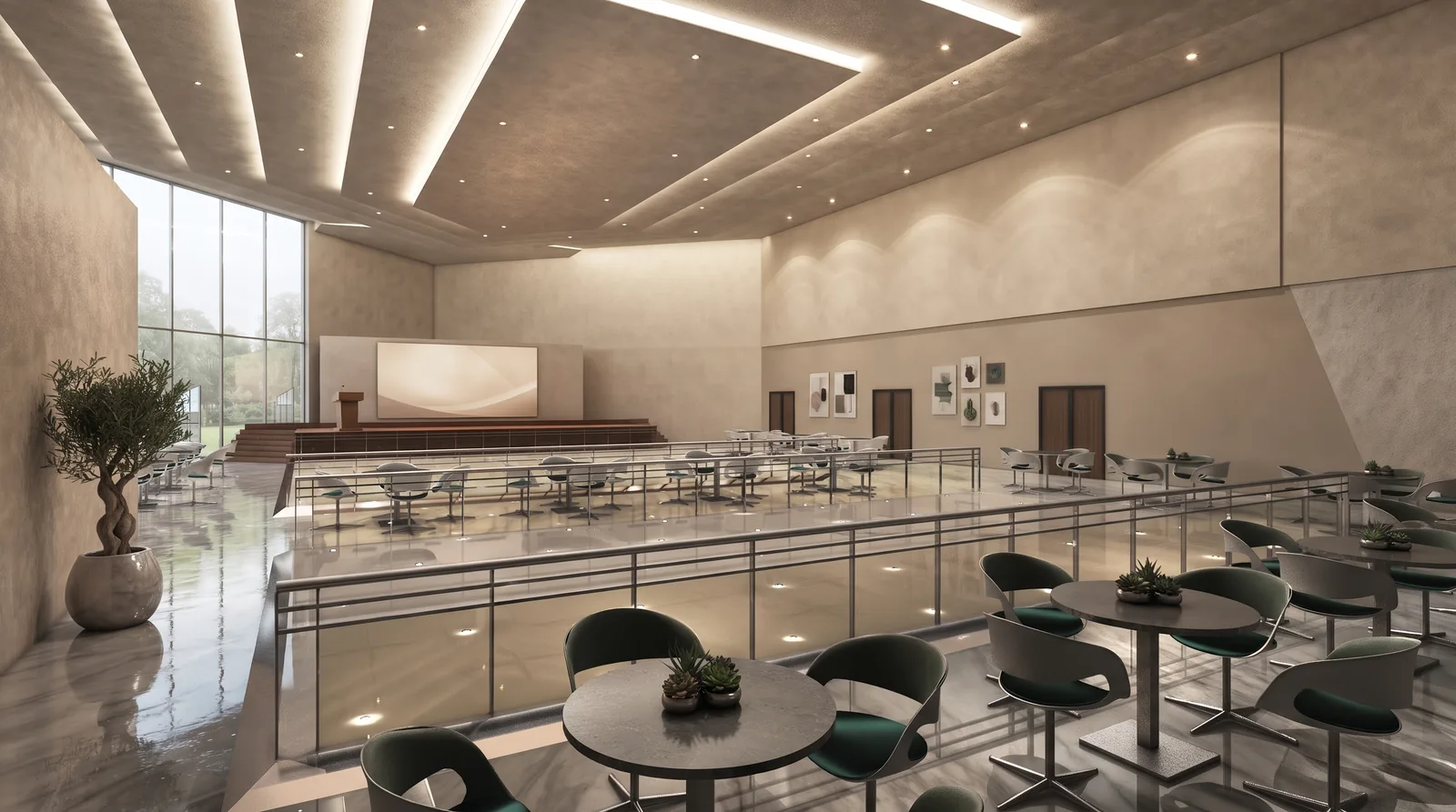 Clubhouse Design in Malaysia: Faceted Glass Pavilions Around a Garden Plaza | Kenania Inventive Arts Mezzanine café overlooking the double-height hall