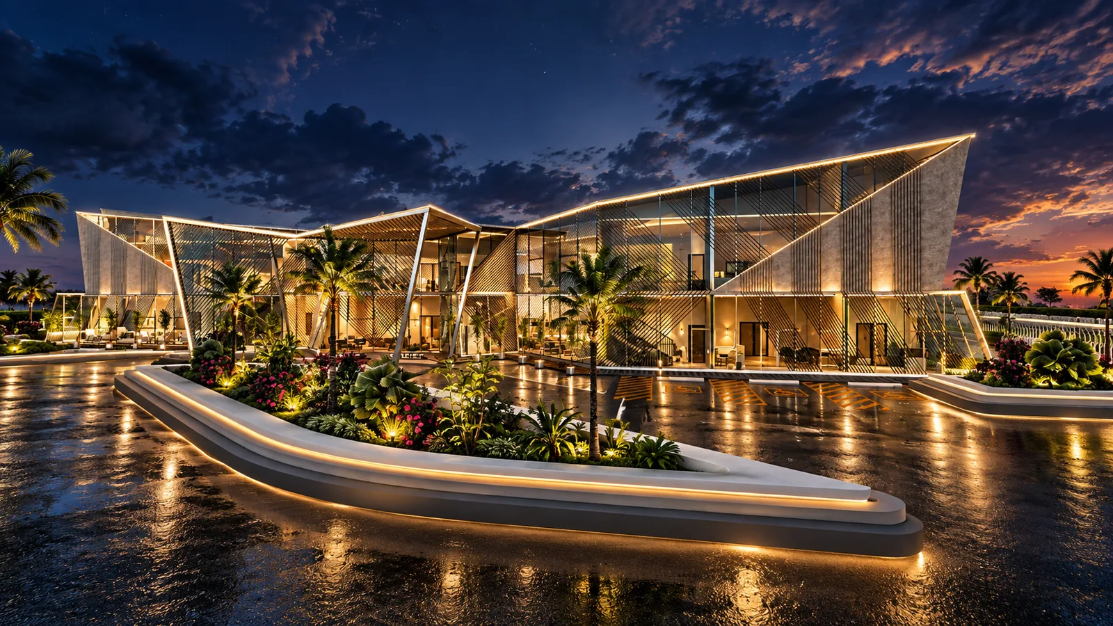 Clubhouse Design in Malaysia: Faceted Glass Pavilions Around a Garden Plaza | Kenania Inventive Arts Clubhouse design: The clubhouse at night from above, lit planters and pools around the faceted roofs
