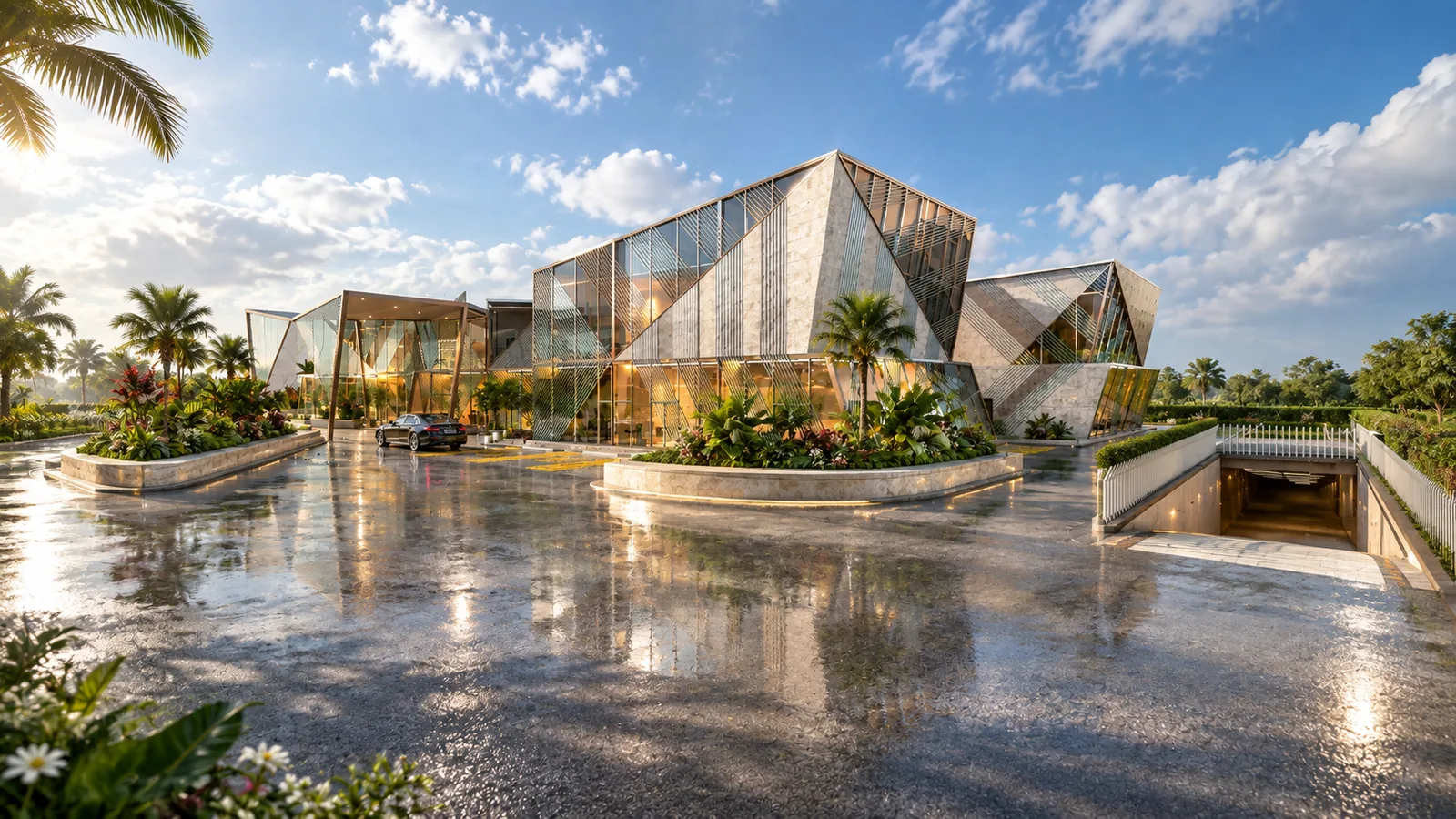 Clubhouse Design in Malaysia: Faceted Glass Pavilions Around a Garden Plaza | Kenania Inventive Arts Raised view across the wet stone plaza to the cluster of faceted pavilions
