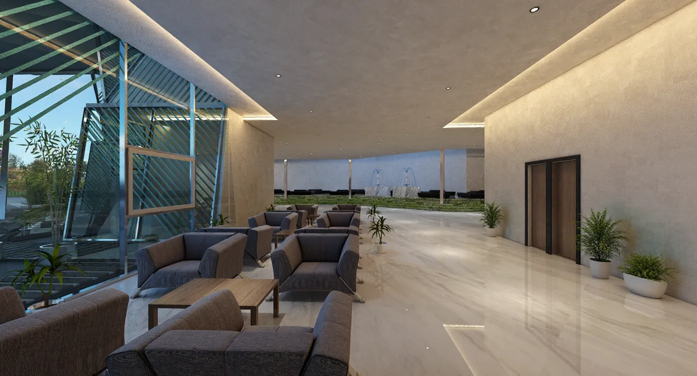 Clubhouse Design in Malaysia: Faceted Glass Pavilions Around a Garden Plaza | Kenania Inventive Arts Quiet lounge behind the faceted glass facade, grey sofas and soft cove light