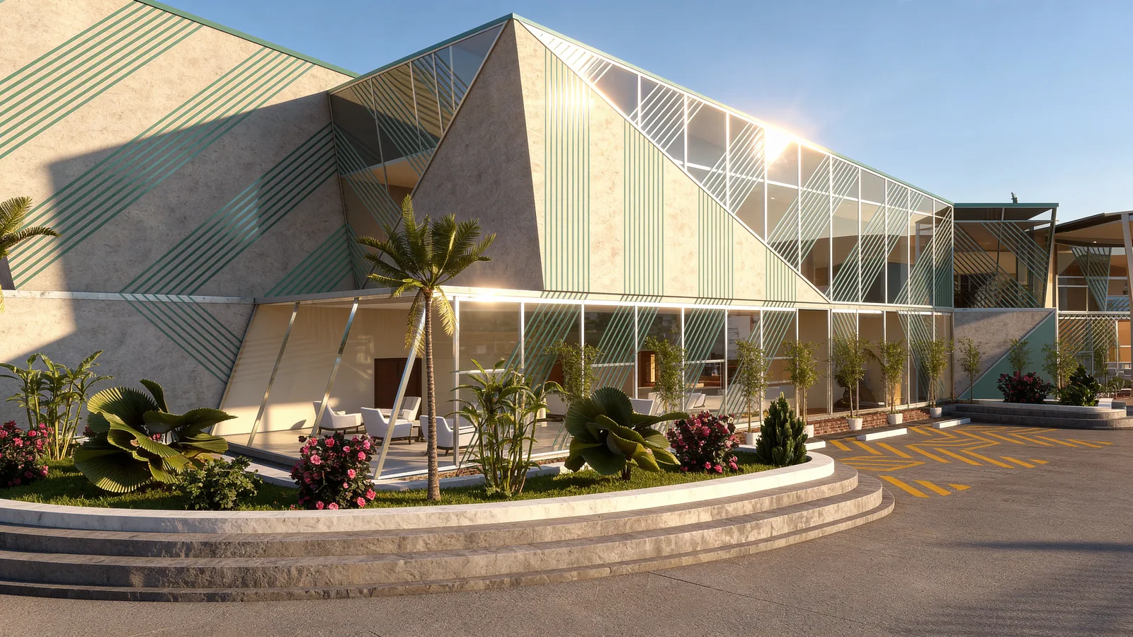 Clubhouse Design in Malaysia: Faceted Glass Pavilions Around a Garden Plaza | Kenania Inventive Arts Side view with the diagonal patterned stone wall and glazed ground floor