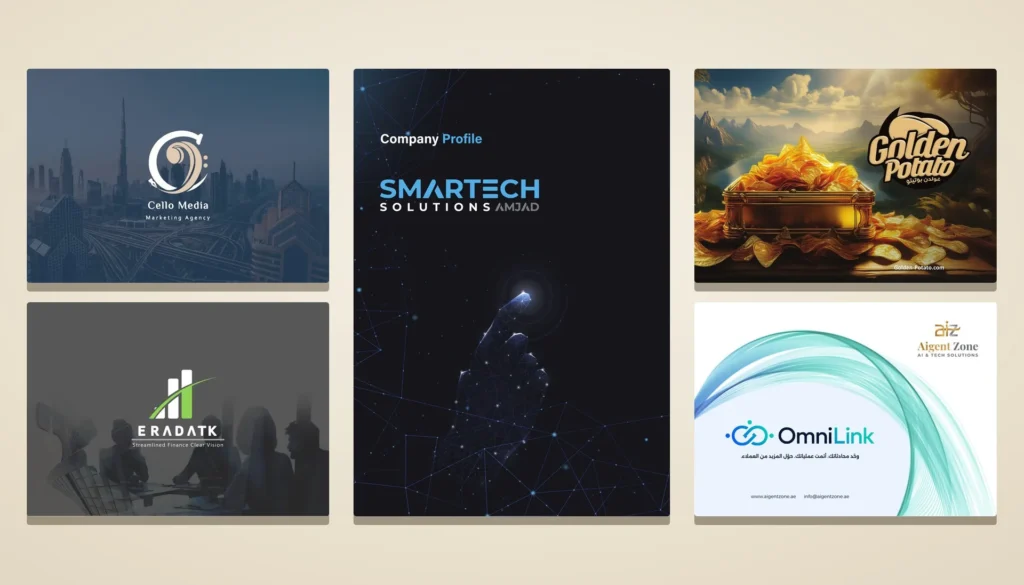 Company Profile Design: Four Profiles for Marketing, ERP, AI and Technology Companies | Kenania Inventive Arts Company profile design by Kenania: covers for Cello Media, ERADATK, Smartech Solutions, Golden Potato and OmniLink
