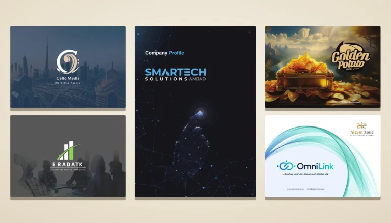 Company profile design by Kenania: covers for Cello Media, ERADATK, Smartech Solutions, Golden Potato and OmniLink