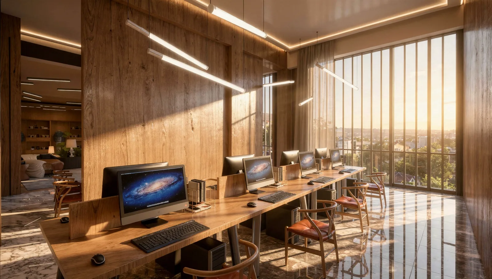 Education Centre Interior Design in Cyberjaya: A Commercial Learning Hub Proposal | Kenania Inventive Arts Computer lab study bar along the window: a long timber desk with all-in-one computers facing the view