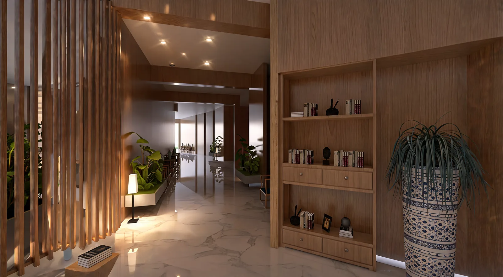 Education Centre Interior Design in Cyberjaya: A Commercial Learning Hub Proposal | Kenania Inventive Arts Education centre corridor screened with vertical timber slats, built-in shelving and a patterned planter