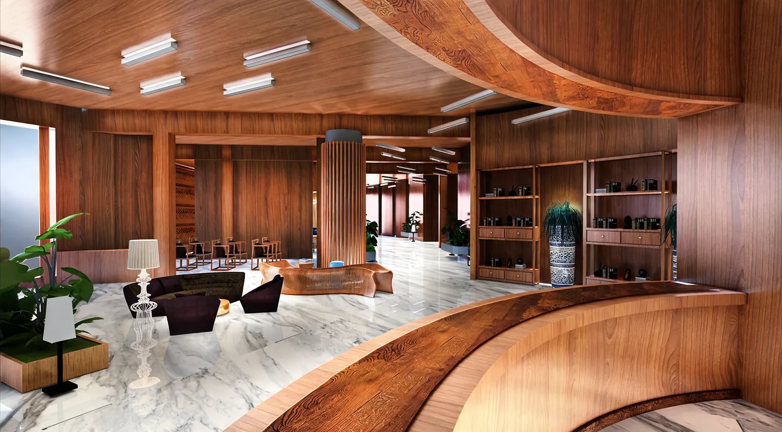 Education Centre Interior Design in Cyberjaya: A Commercial Learning Hub Proposal | Kenania Inventive Arts Curved timber ceiling sweeping over the education centre lobby, with linear lights and display shelving