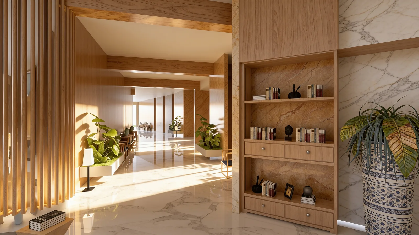 Education Centre Interior Design in Cyberjaya: A Commercial Learning Hub Proposal | Kenania Inventive Arts Corridor display shelving in timber against marble, with daylight from the end of the wing