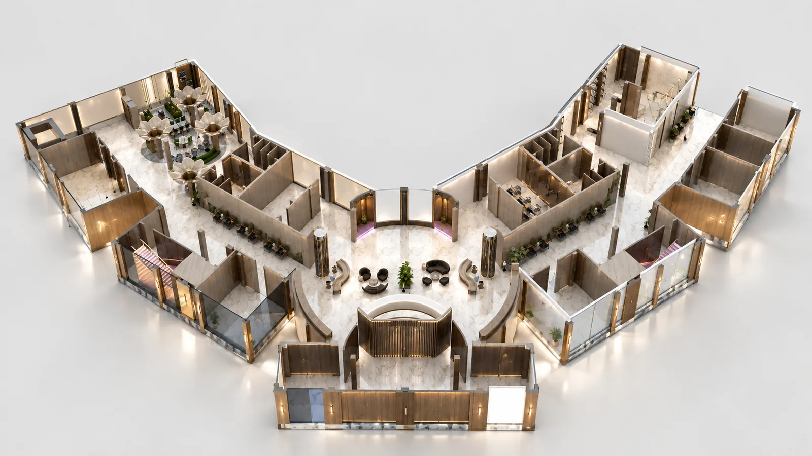 Education Centre Interior Design in Cyberjaya: A Commercial Learning Hub Proposal | Kenania Inventive Arts Education centre interior design: Education centre floor plan as a 3D model: a V-shaped level with the reception at the hinge and rooms along both wings