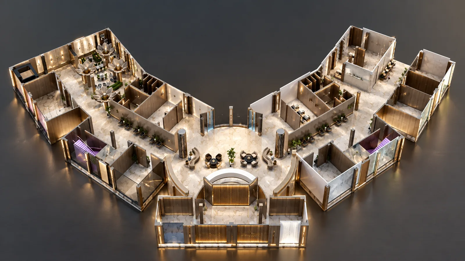 Education Centre Interior Design in Cyberjaya: A Commercial Learning Hub Proposal | Kenania Inventive Arts Education centre 3D plan model lit at night, showing the lounge, library café and classrooms in each wing
