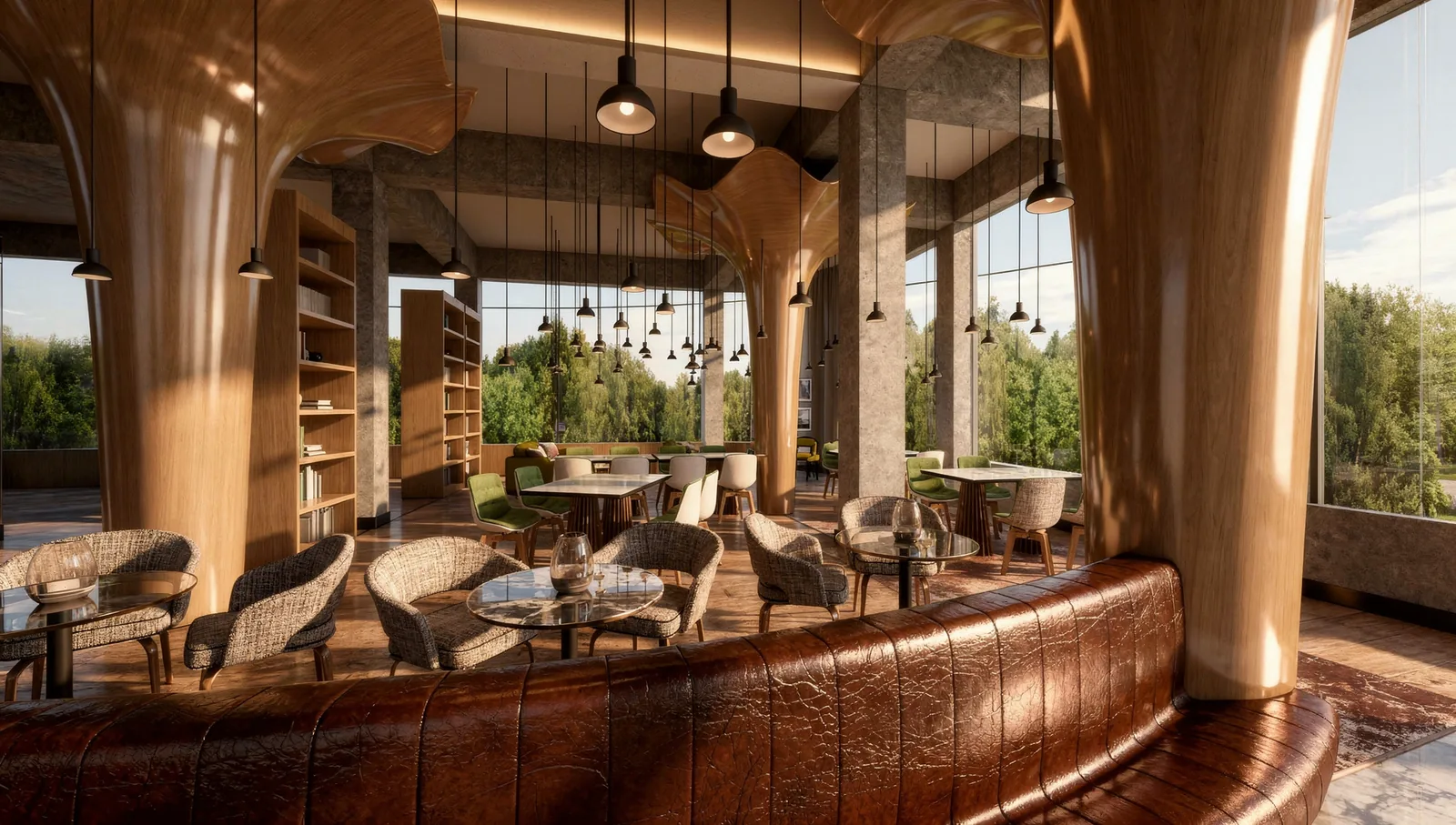 Education Centre Interior Design in Cyberjaya: A Commercial Learning Hub Proposal | Kenania Inventive Arts Library café seating around a leather banquette wrapped around a timber column, with bookshelves between the glazing