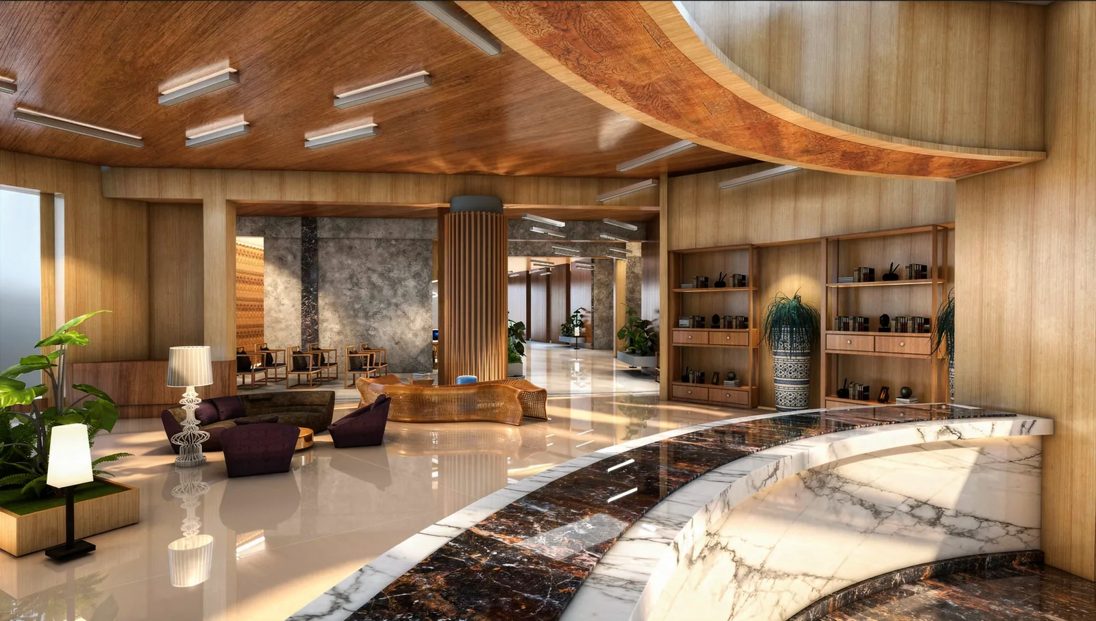 Education Centre Interior Design in Cyberjaya: A Commercial Learning Hub Proposal | Kenania Inventive Arts Marble and timber reception counter curving through the education centre lobby toward the lounge