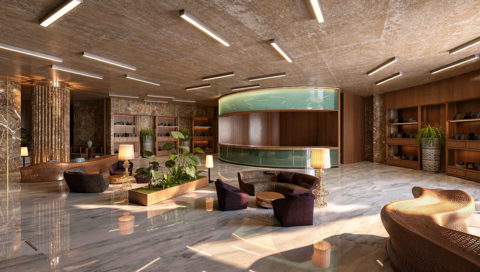 Education Centre Interior Design in Cyberjaya: A Commercial Learning Hub Proposal | Kenania Inventive Arts Education centre reception lounge with marble floor, a curved glass-fronted desk, planters and timber shelving