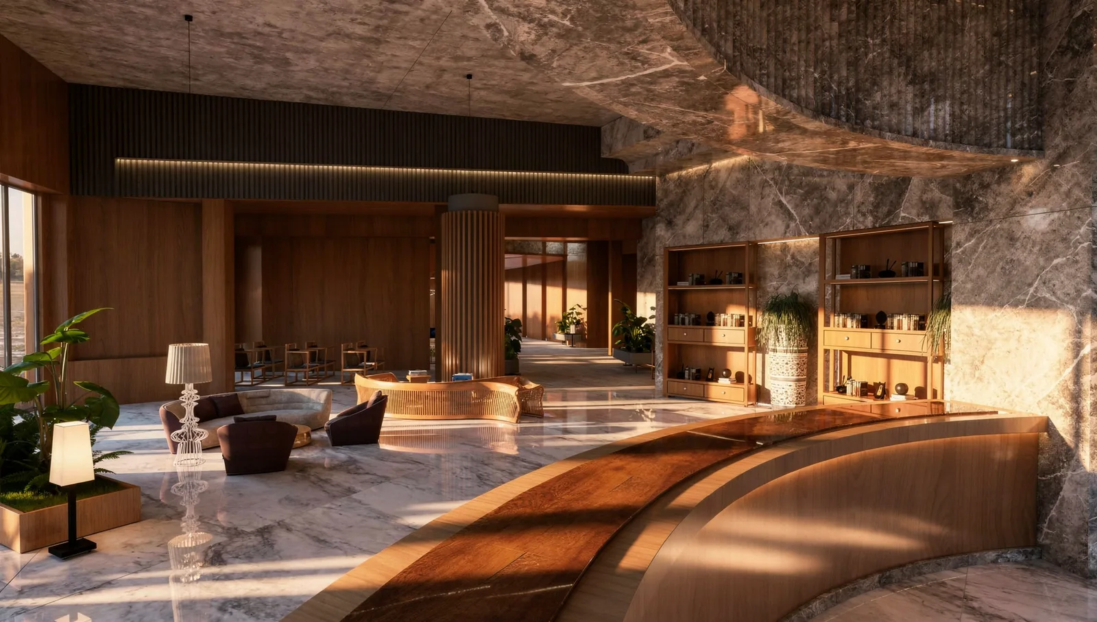 Education Centre Interior Design in Cyberjaya: A Commercial Learning Hub Proposal | Kenania Inventive Arts Reception seen past a dark marble feature wall and timber counter, with shelving and lounge chairs beyond