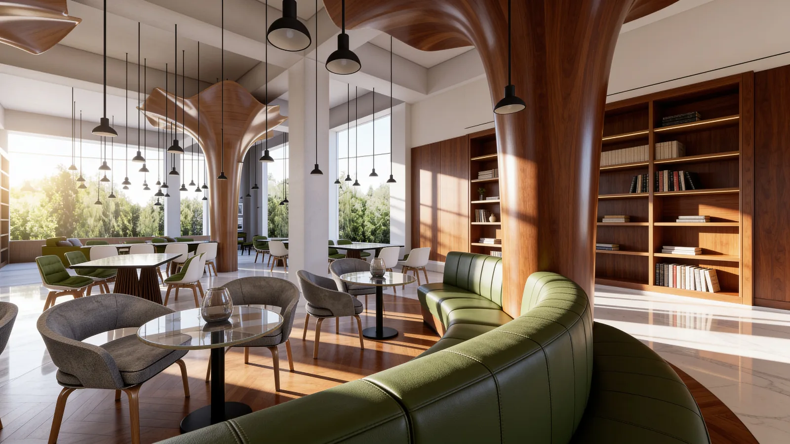 Education Centre Interior Design in Cyberjaya: A Commercial Learning Hub Proposal | Kenania Inventive Arts Study café with timber tree columns, a curved green banquette, pendant clusters and full-height glazing to the trees