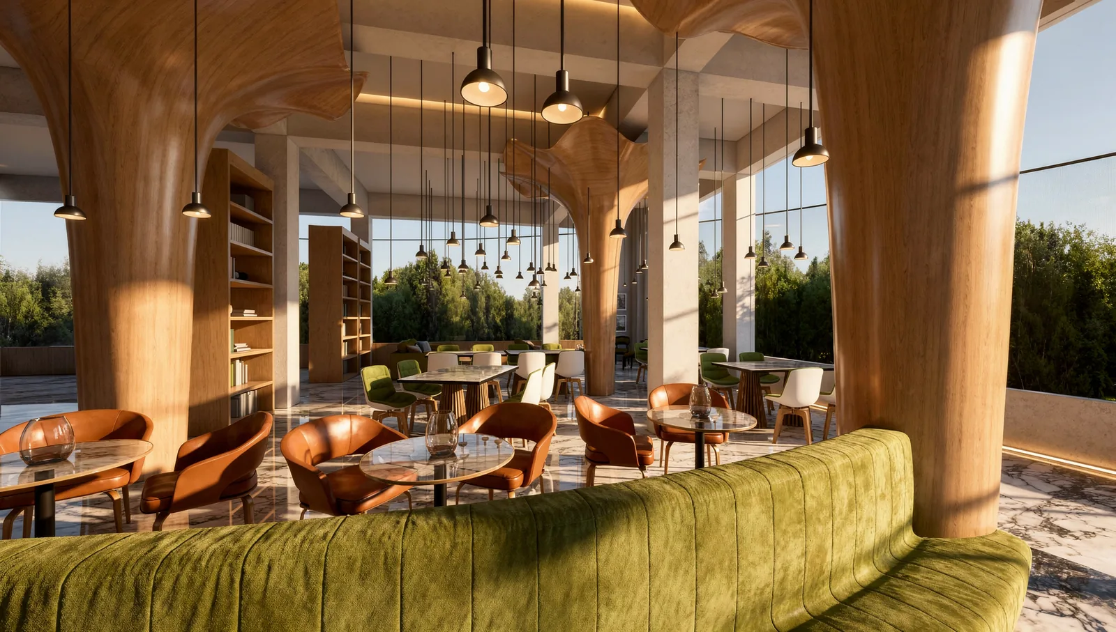 Education Centre Interior Design in Cyberjaya: A Commercial Learning Hub Proposal | Kenania Inventive Arts Study café at sunset: copper-toned chairs, round tables and the green banquette under timber canopies
