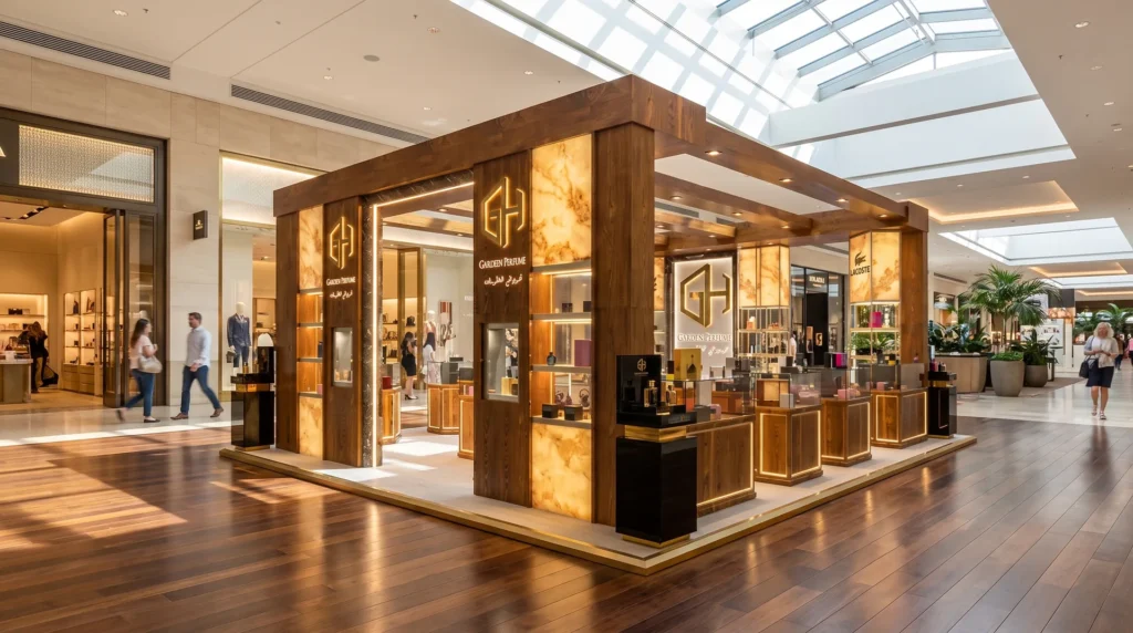 Ghreiwati Perfumes island kiosk: dark timber frame and backlit onyx panels under a mall skylight