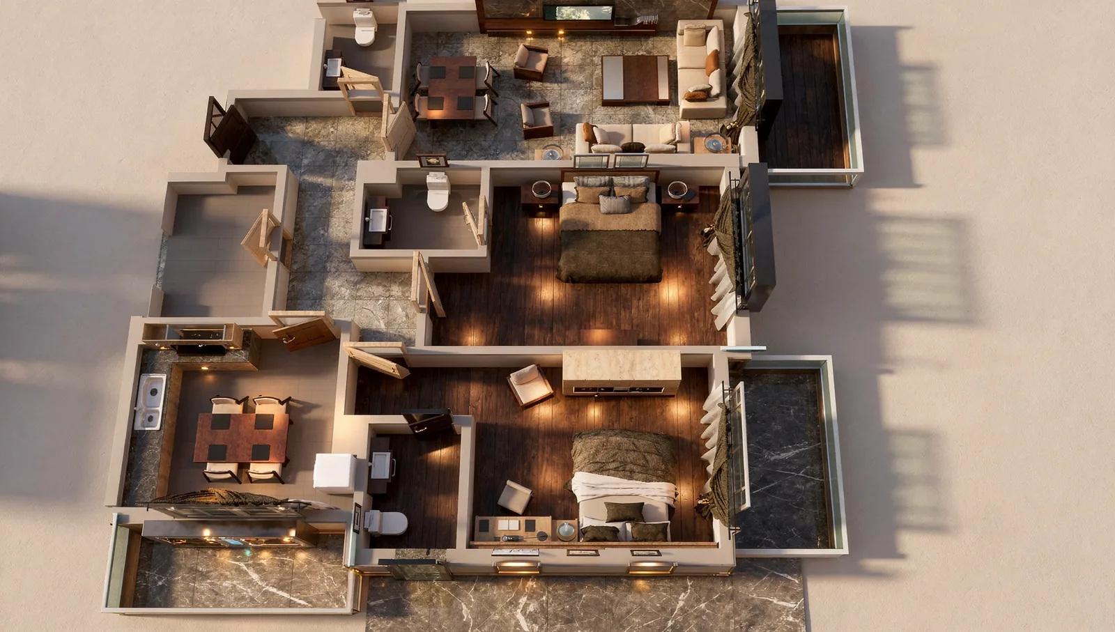 Apartment type plan lit at night, with warm light in every room
