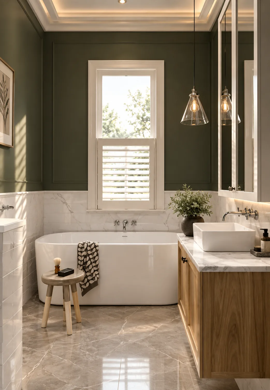 Bathroom with a deep green wall, freestanding tub and timber vanity
