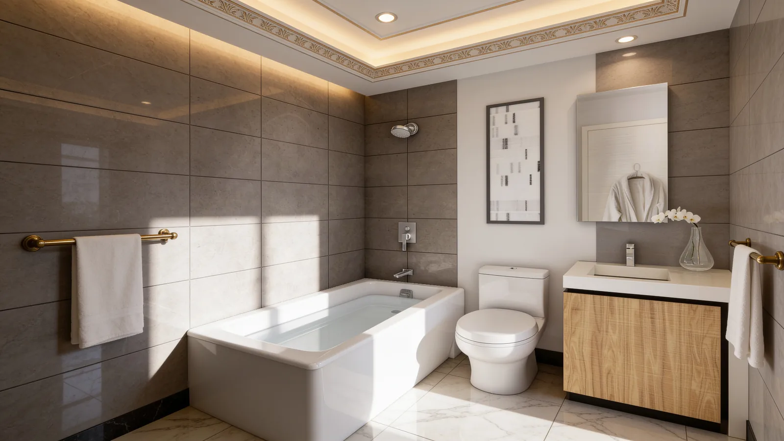 Bathroom in large grey tiles with a bathtub and timber vanity