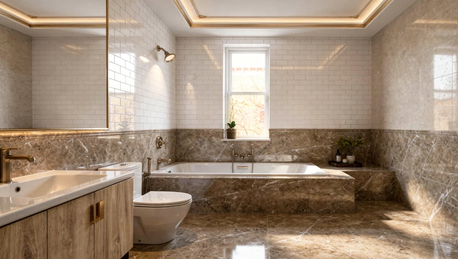 Bathroom with marble-clad bath and white tiles under a window