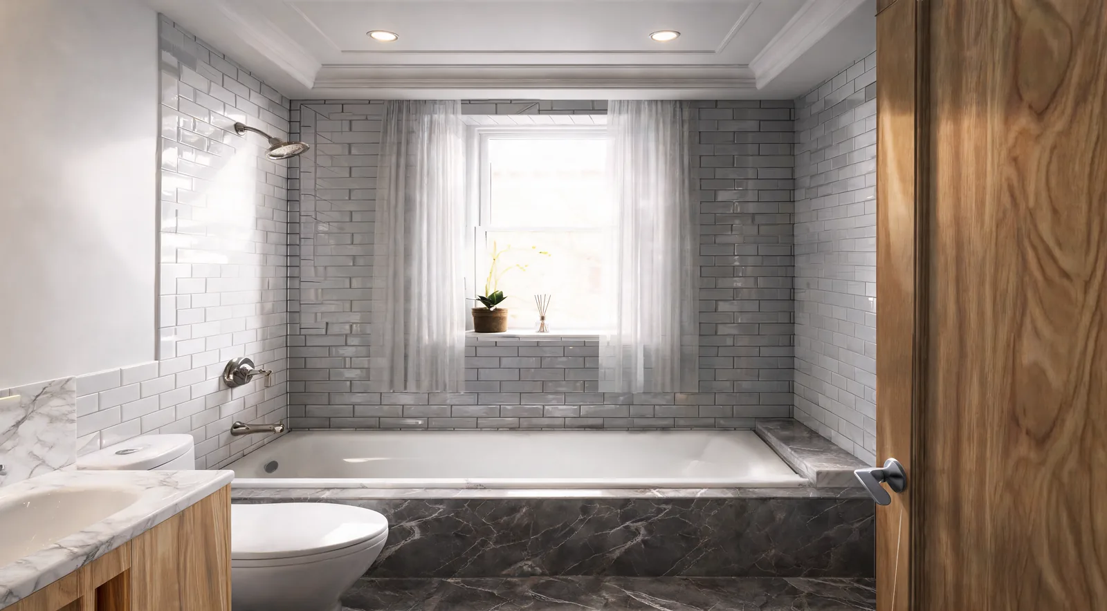 Bright white bathroom with a bath under the window